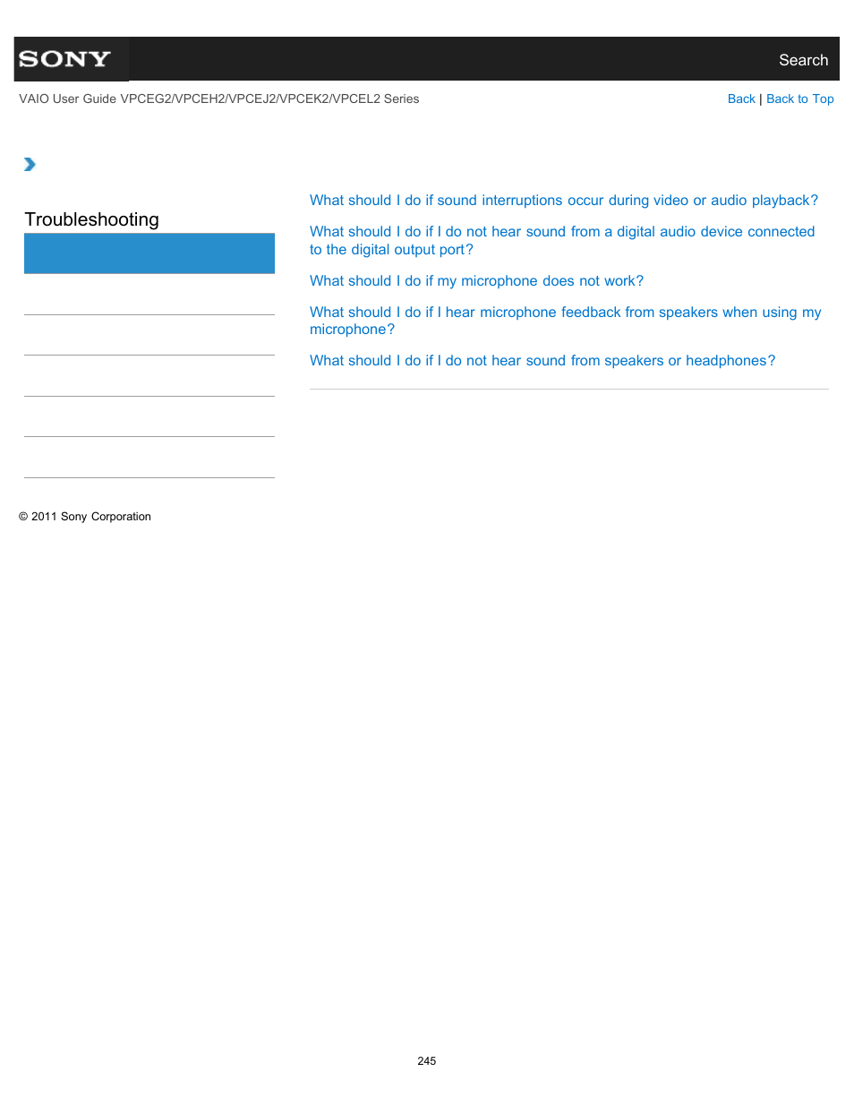Audio, Troubleshooting | Sony VPCEL2 Series User Manual | Page 245 / 360