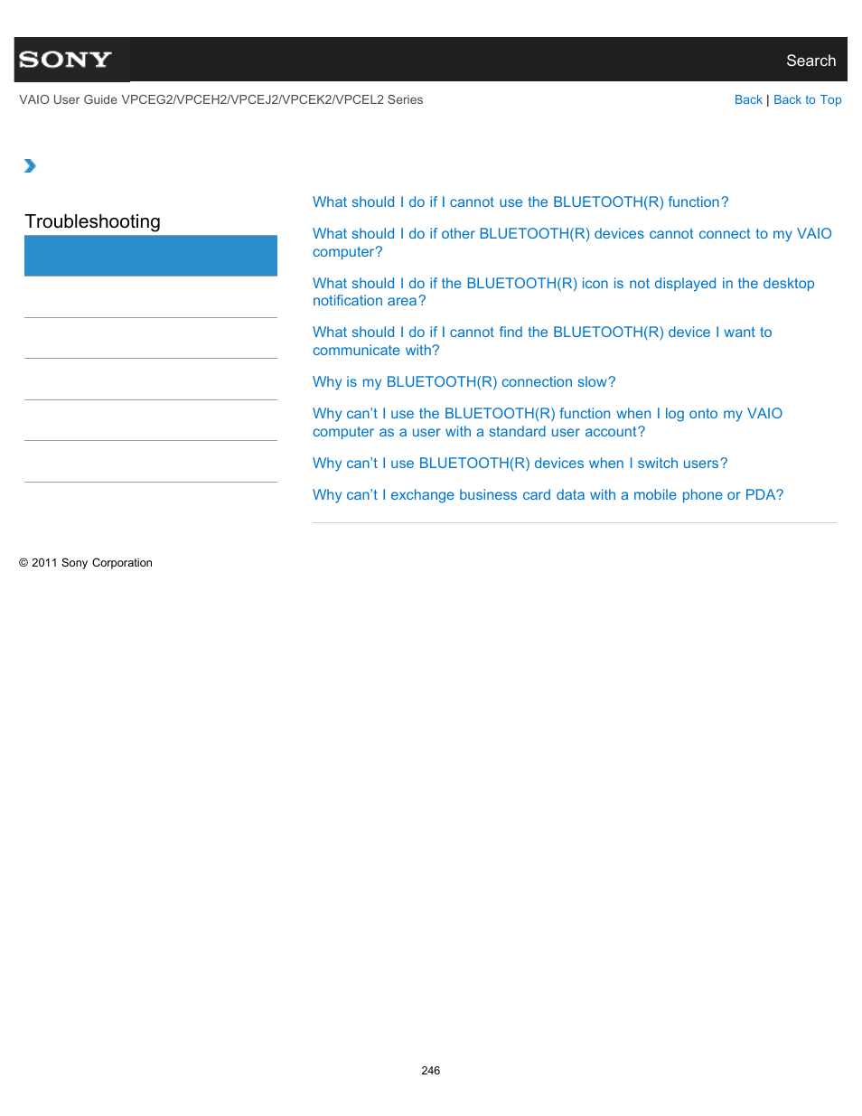 Bluetooth, Troubleshooting | Sony VPCEL2 Series User Manual | Page 246 / 360