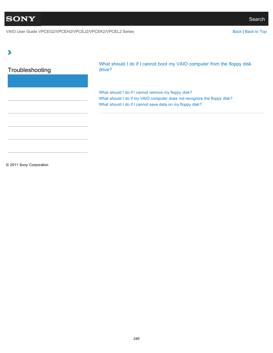 Floppy disk, Troubleshooting | Sony VPCEL2 Series User Manual | Page 249 / 360