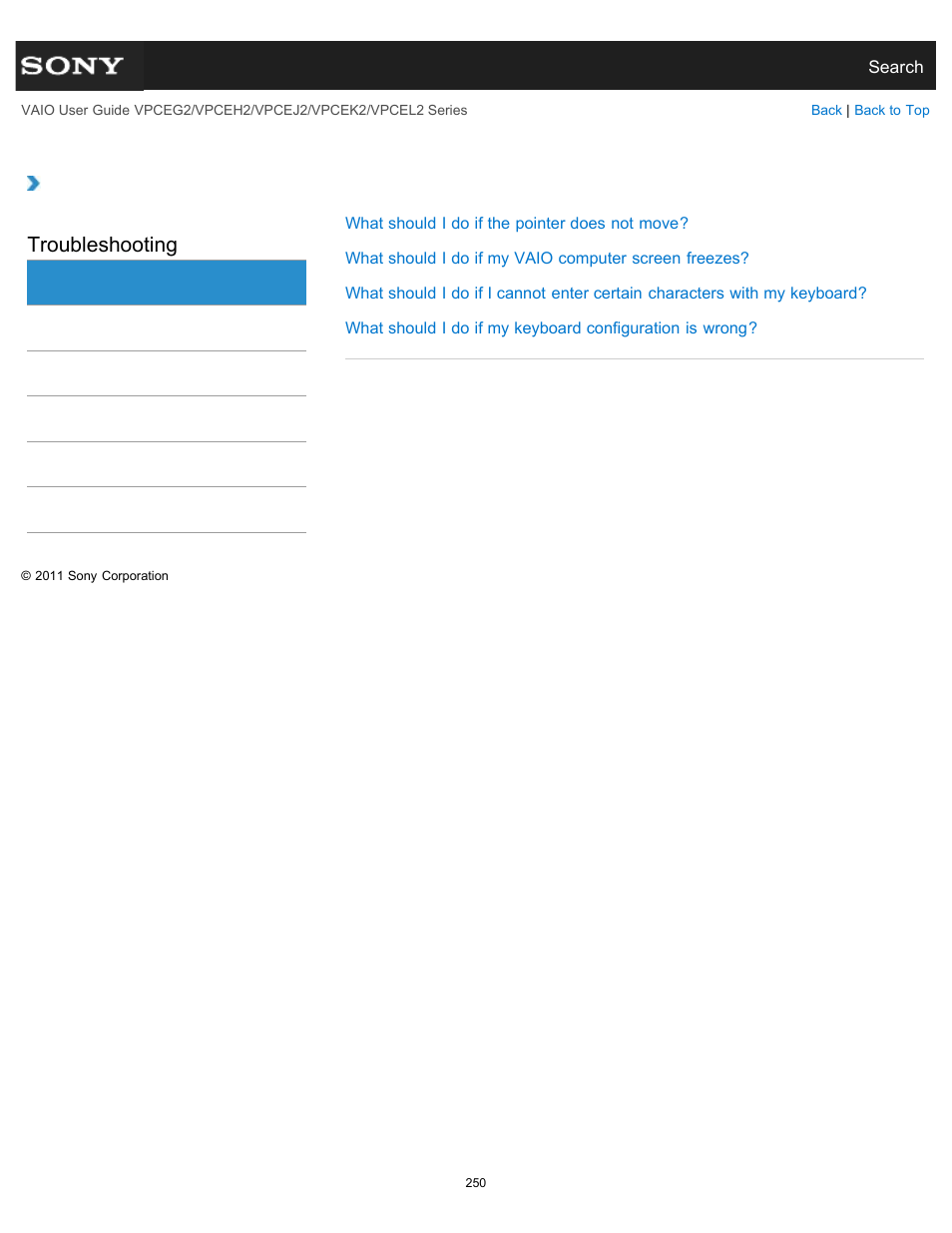 Keyboard, Troubleshooting | Sony VPCEL2 Series User Manual | Page 250 / 360