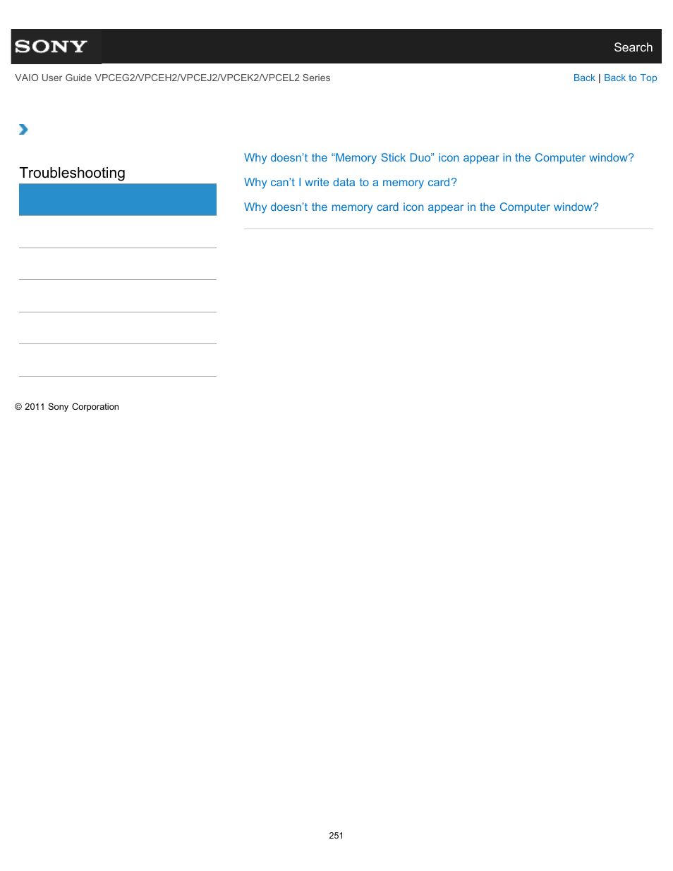 Memory card, Troubleshooting | Sony VPCEL2 Series User Manual | Page 251 / 360