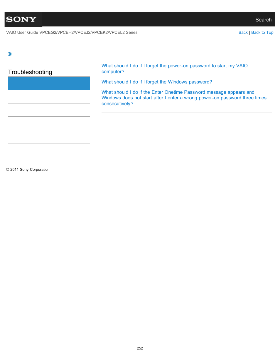 Password, Troubleshooting | Sony VPCEL2 Series User Manual | Page 252 / 360