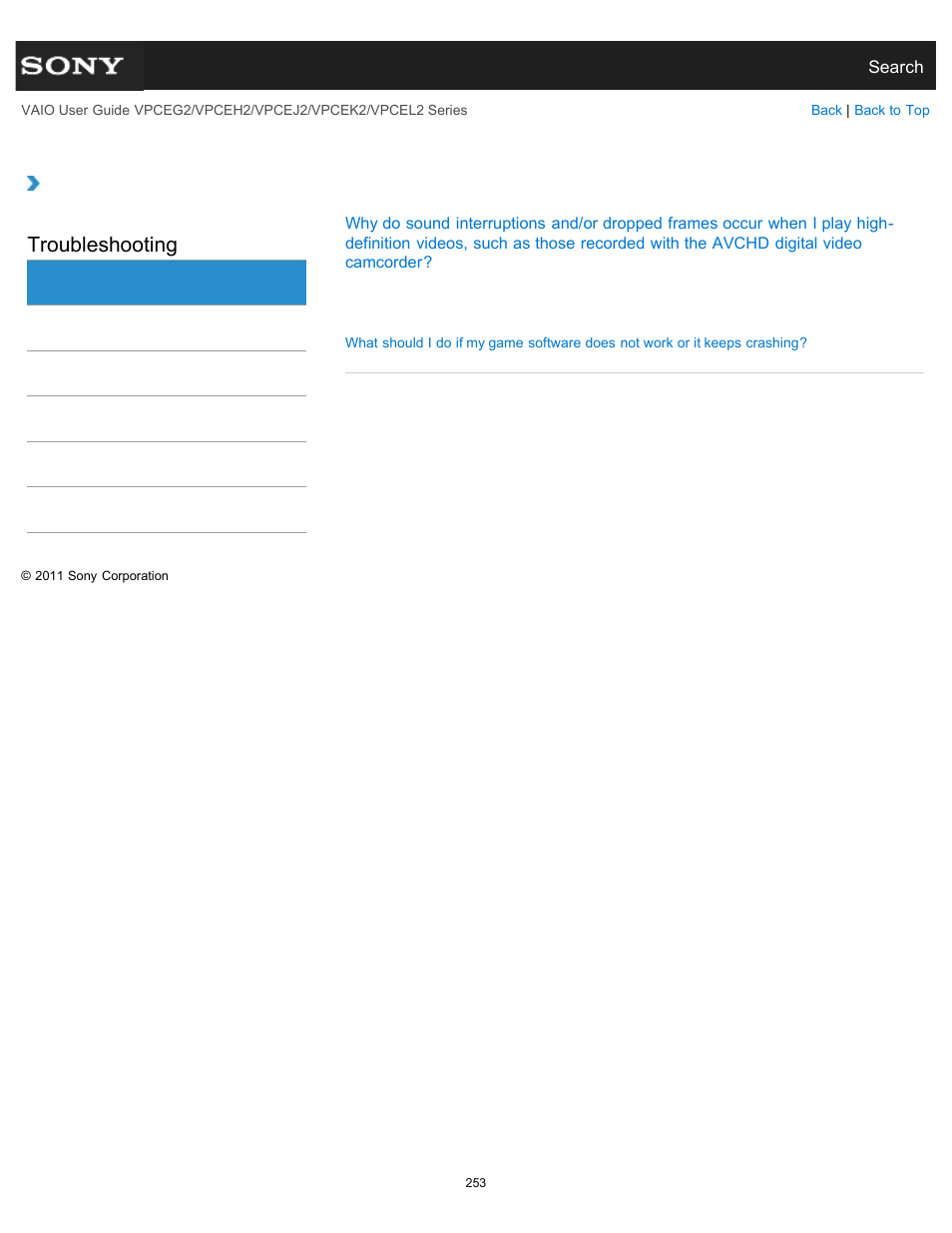 Software, Troubleshooting | Sony VPCEL2 Series User Manual | Page 253 / 360