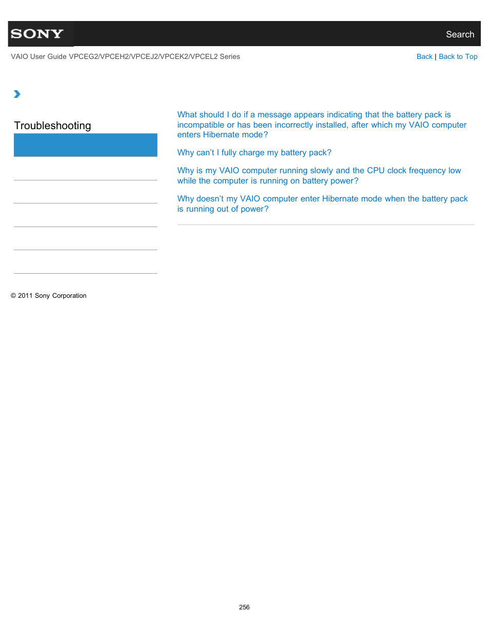 Battery, Troubleshooting | Sony VPCEL2 Series User Manual | Page 256 / 360