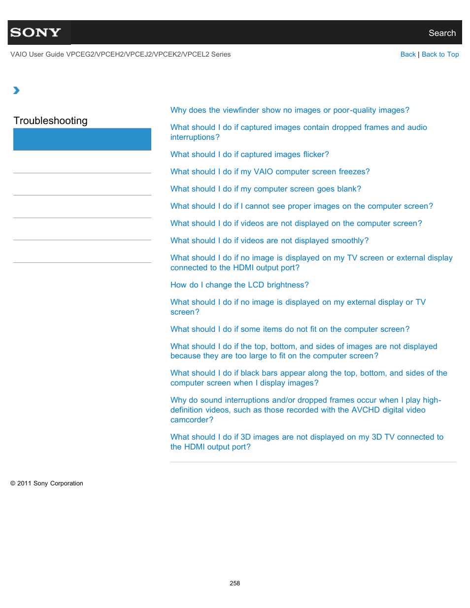 Display, Troubleshooting | Sony VPCEL2 Series User Manual | Page 258 / 360