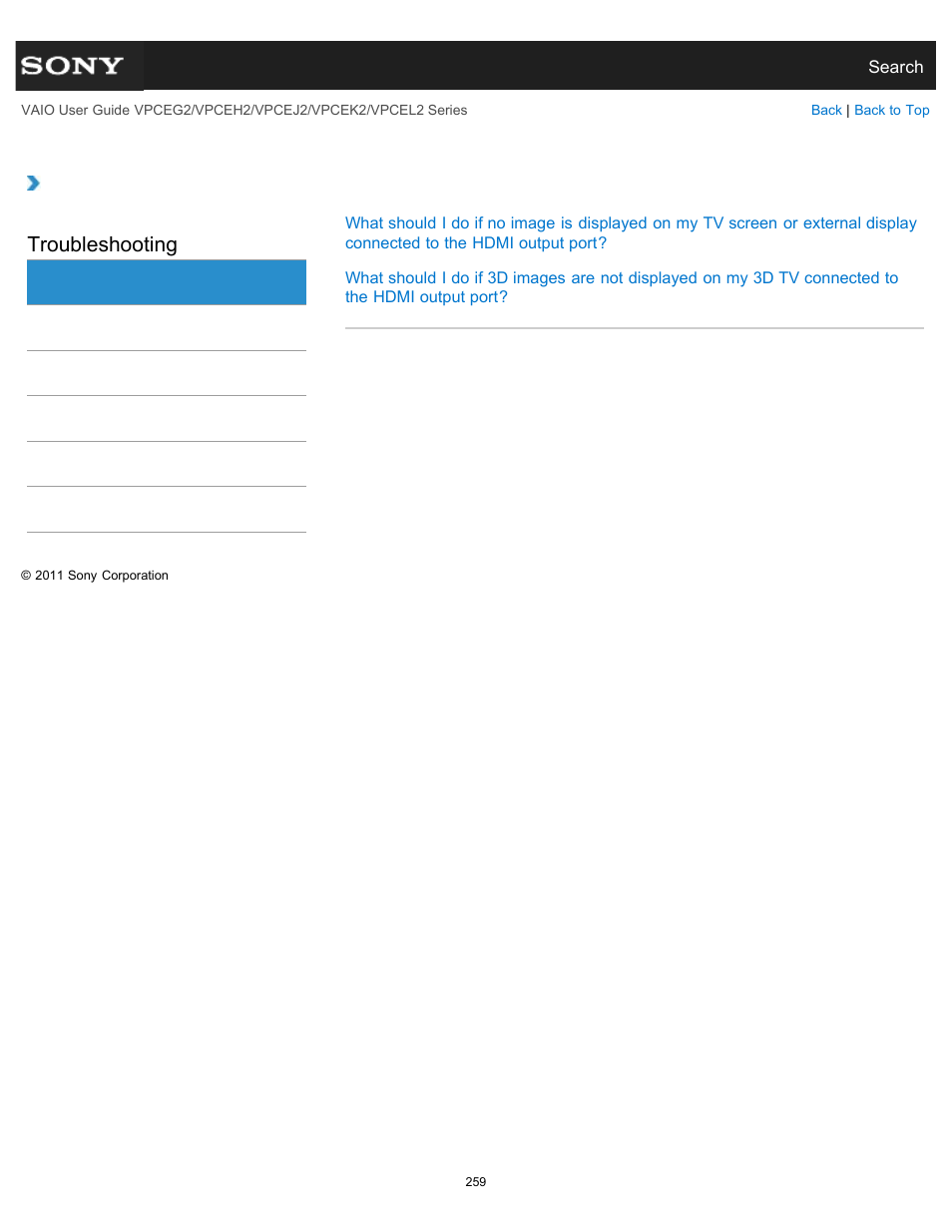 Hdmi, Troubleshooting | Sony VPCEL2 Series User Manual | Page 259 / 360