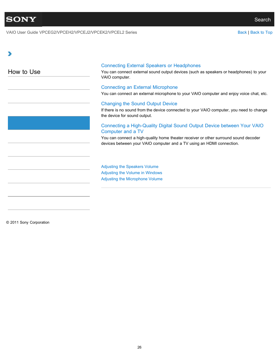 Audio, How to use | Sony VPCEL2 Series User Manual | Page 26 / 360