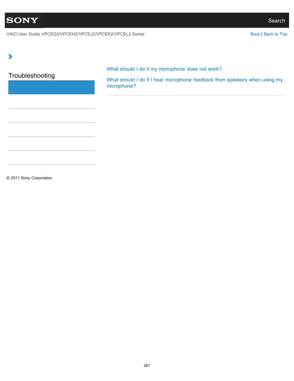Microphone, Troubleshooting | Sony VPCEL2 Series User Manual | Page 261 / 360