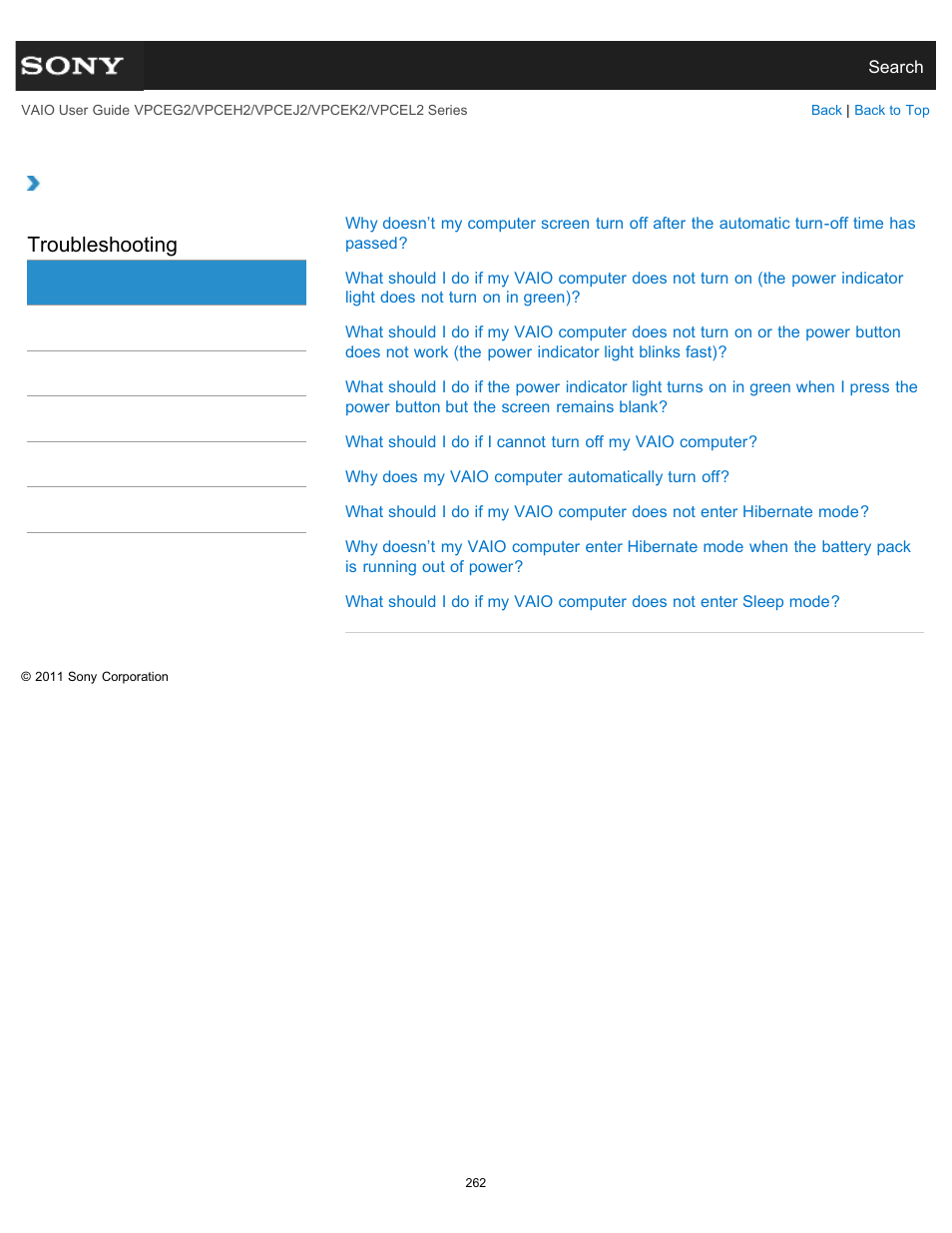 Power, Troubleshooting | Sony VPCEL2 Series User Manual | Page 262 / 360