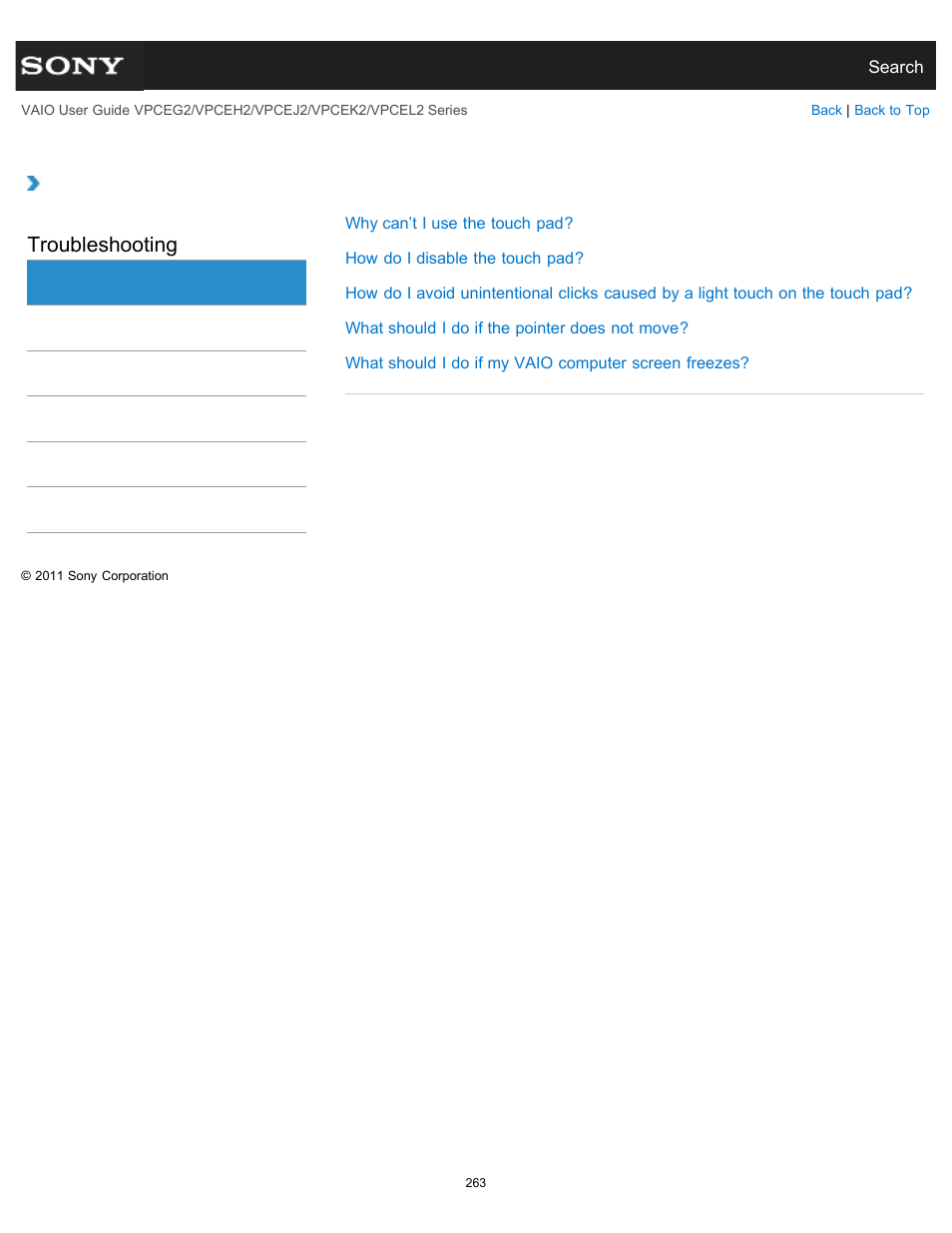 Touch pad, Troubleshooting | Sony VPCEL2 Series User Manual | Page 263 / 360