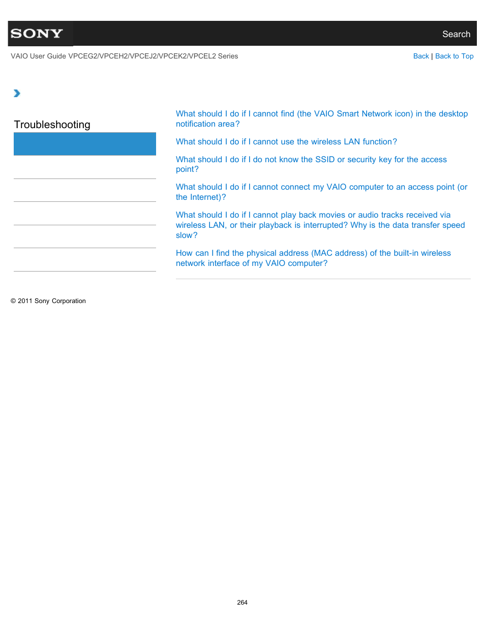 Wireless lan, Troubleshooting | Sony VPCEL2 Series User Manual | Page 264 / 360