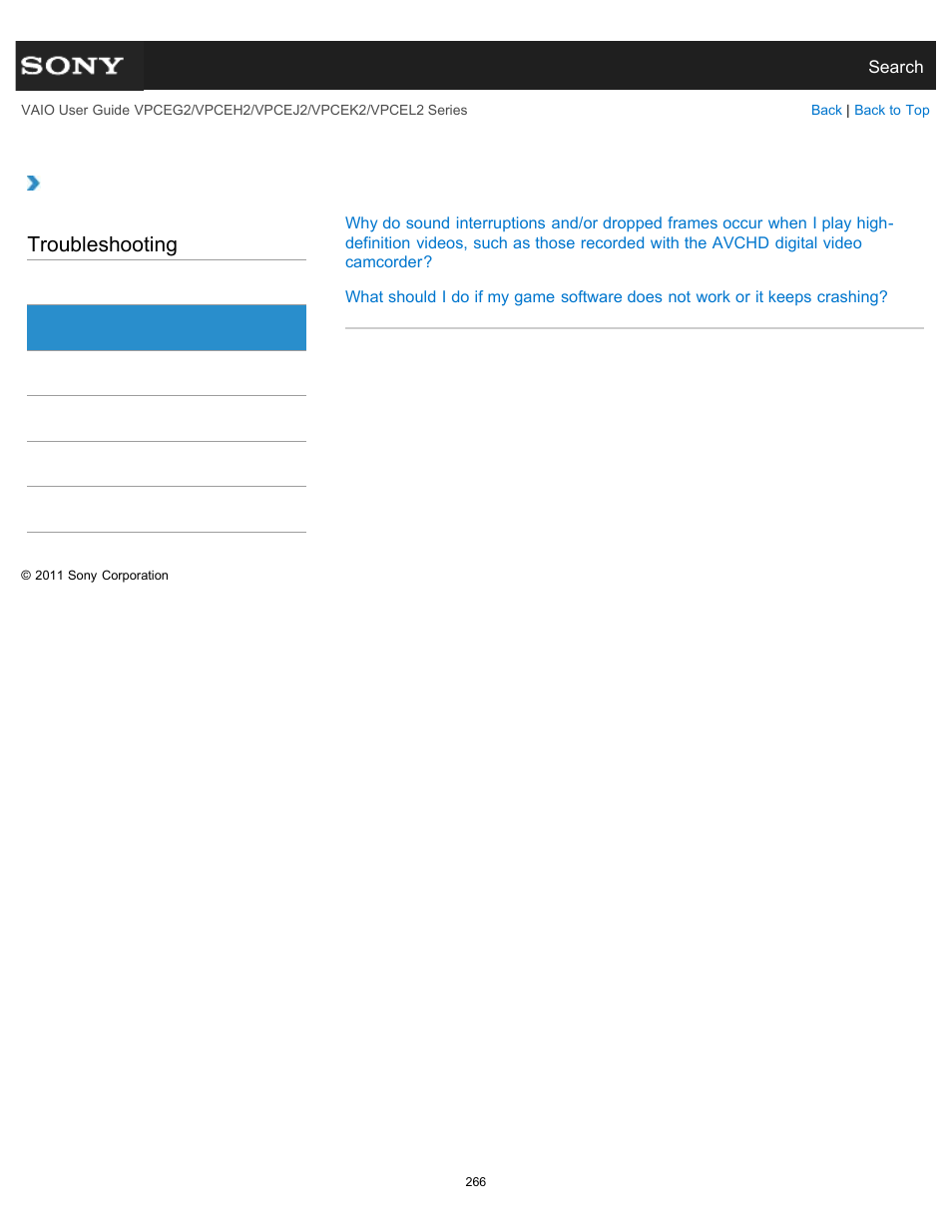 Software, Troubleshooting | Sony VPCEL2 Series User Manual | Page 266 / 360