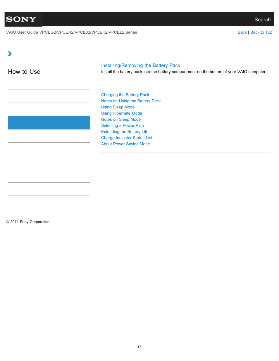 Battery, How to use | Sony VPCEL2 Series User Manual | Page 27 / 360