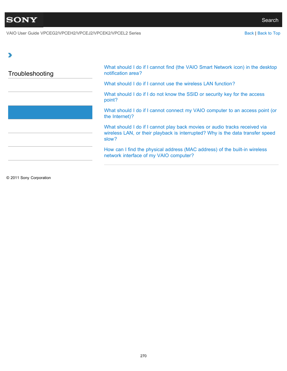 Troubleshooting | Sony VPCEL2 Series User Manual | Page 270 / 360