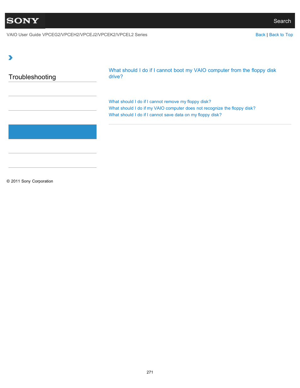 Floppy disk, Troubleshooting | Sony VPCEL2 Series User Manual | Page 271 / 360