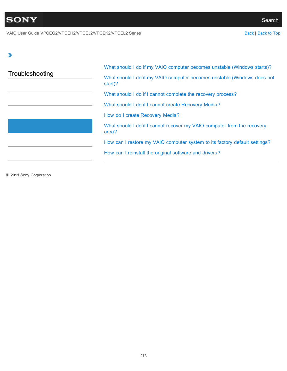 Recovery, Troubleshooting | Sony VPCEL2 Series User Manual | Page 273 / 360