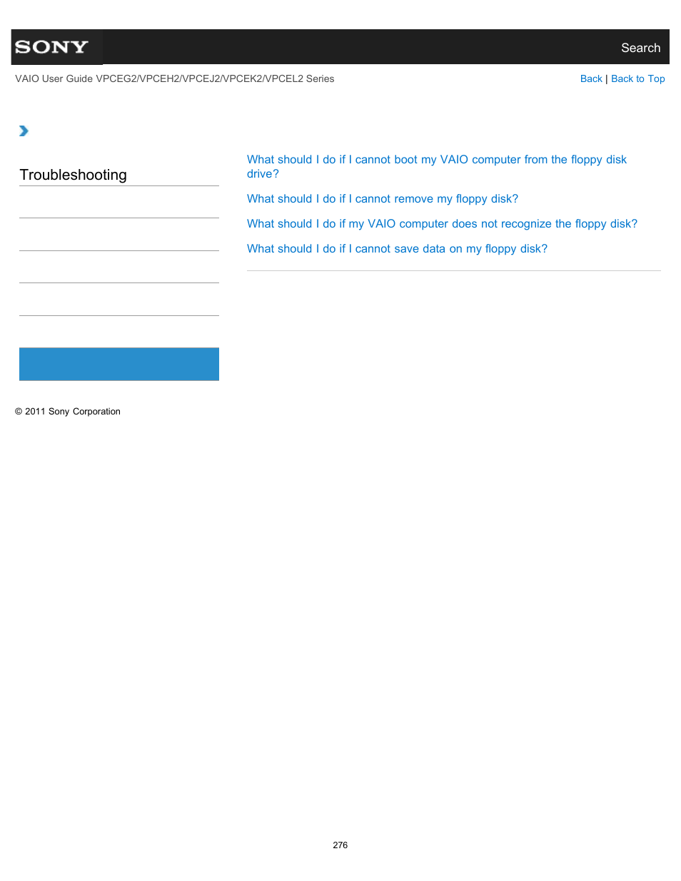 Floppy disk, Troubleshooting | Sony VPCEL2 Series User Manual | Page 276 / 360
