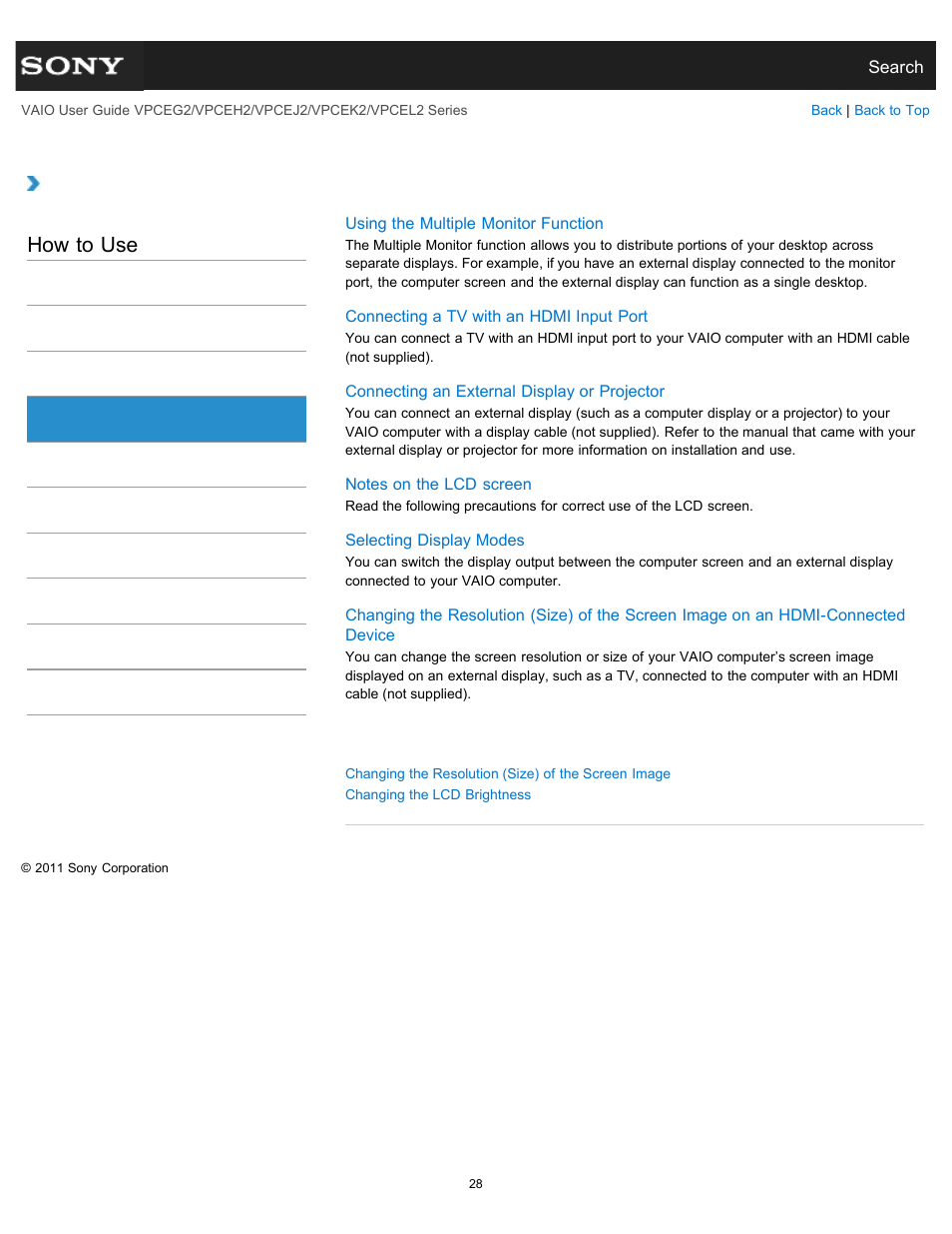 Display, How to use | Sony VPCEL2 Series User Manual | Page 28 / 360
