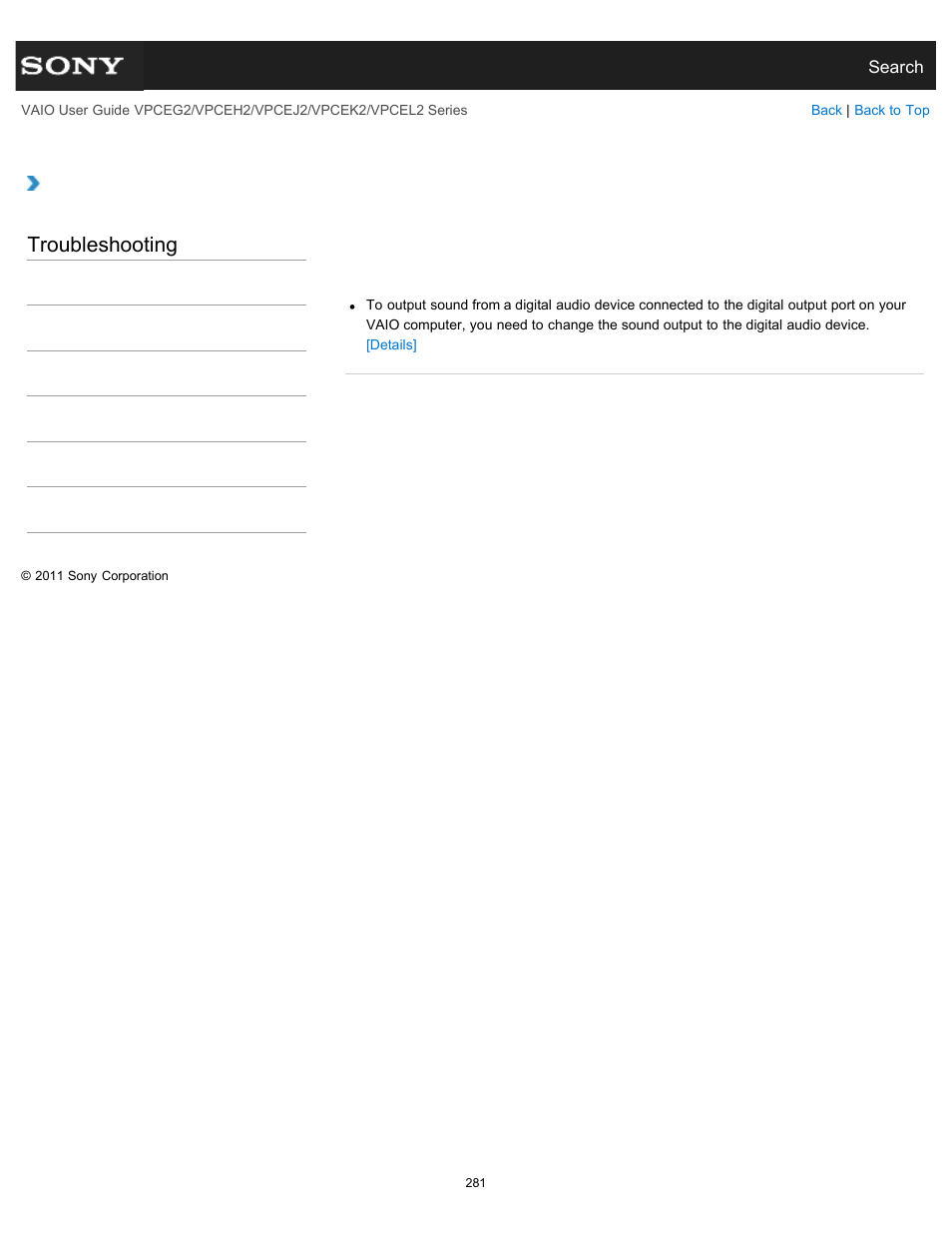 To the digital output port, Troubleshooting | Sony VPCEL2 Series User Manual | Page 281 / 360