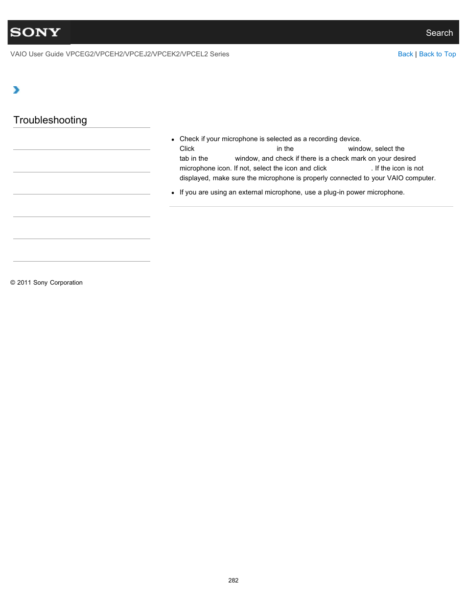 What should i do if my microphone does not work, Troubleshooting | Sony VPCEL2 Series User Manual | Page 282 / 360