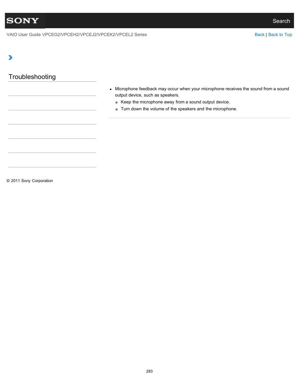 Microphone, Troubleshooting | Sony VPCEL2 Series User Manual | Page 283 / 360