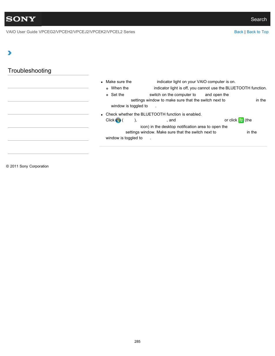 Troubleshooting | Sony VPCEL2 Series User Manual | Page 285 / 360