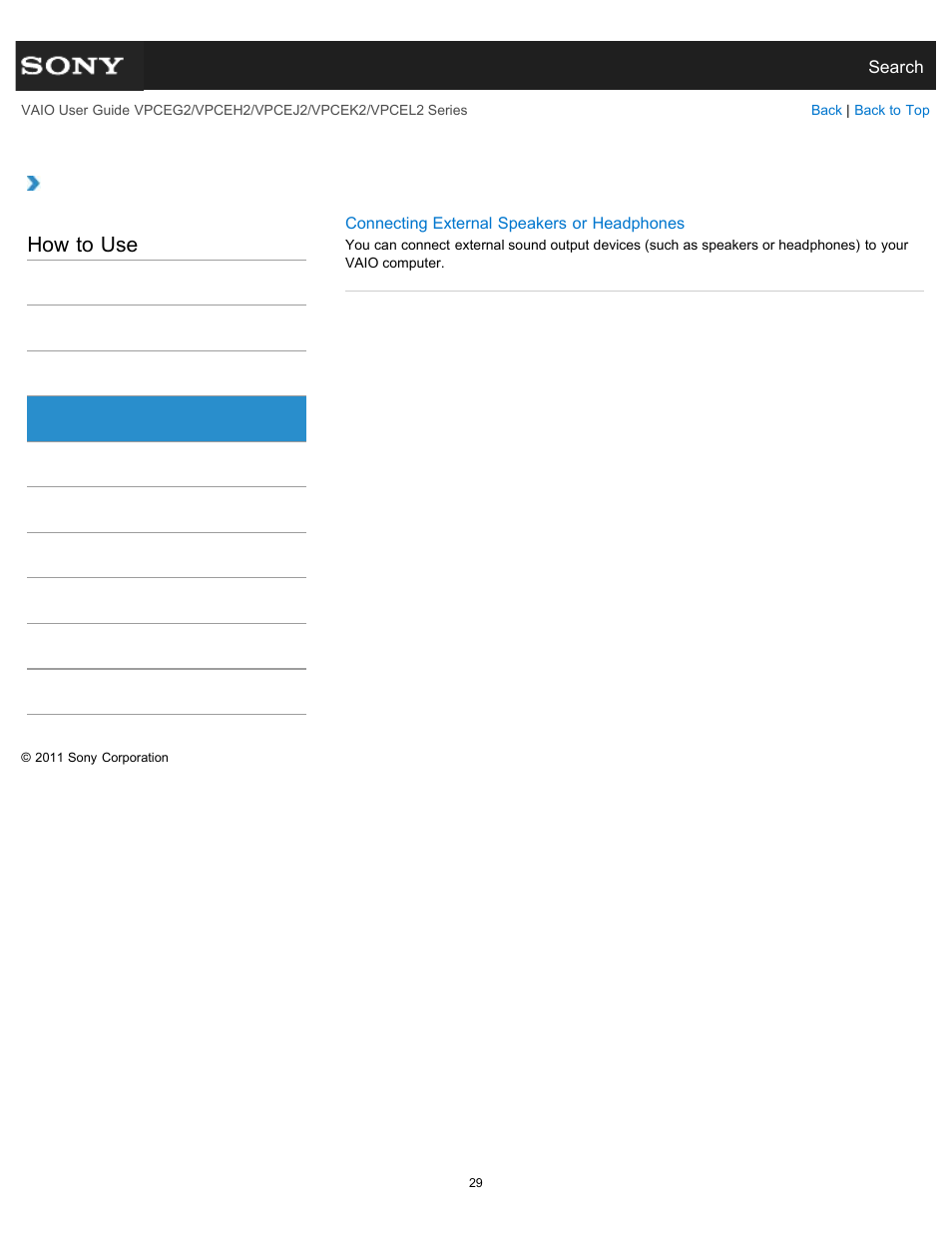 Headphones, How to use | Sony VPCEL2 Series User Manual | Page 29 / 360