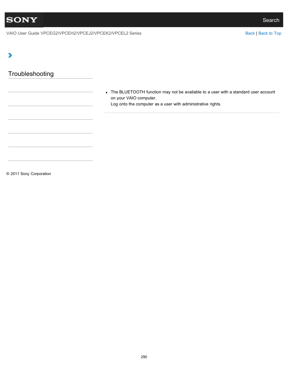 Computer as a user with a standard user account, Troubleshooting | Sony VPCEL2 Series User Manual | Page 290 / 360