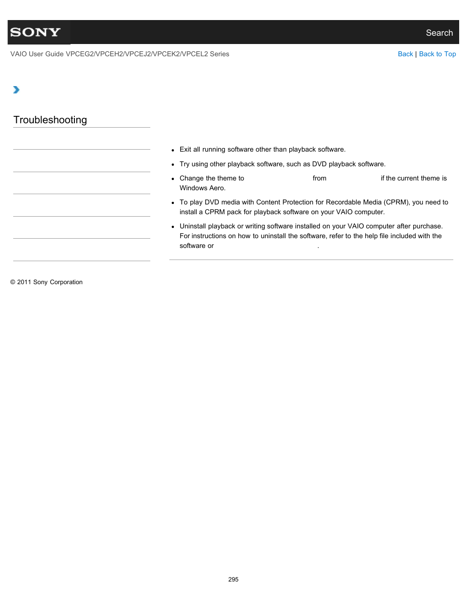 Interruptions occur during playback, Troubleshooting | Sony VPCEL2 Series User Manual | Page 295 / 360