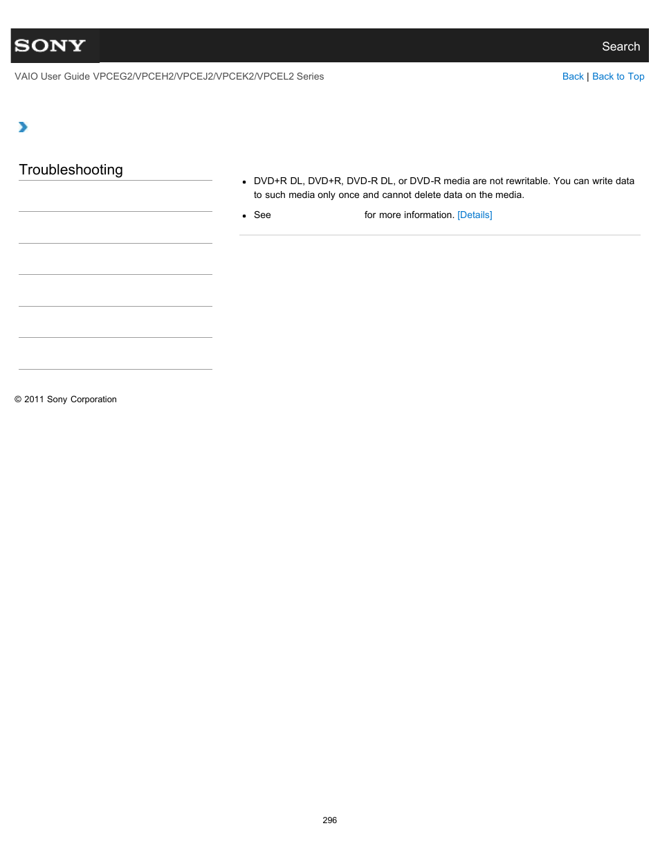Why can’t i write data to a disc, Troubleshooting | Sony VPCEL2 Series User Manual | Page 296 / 360