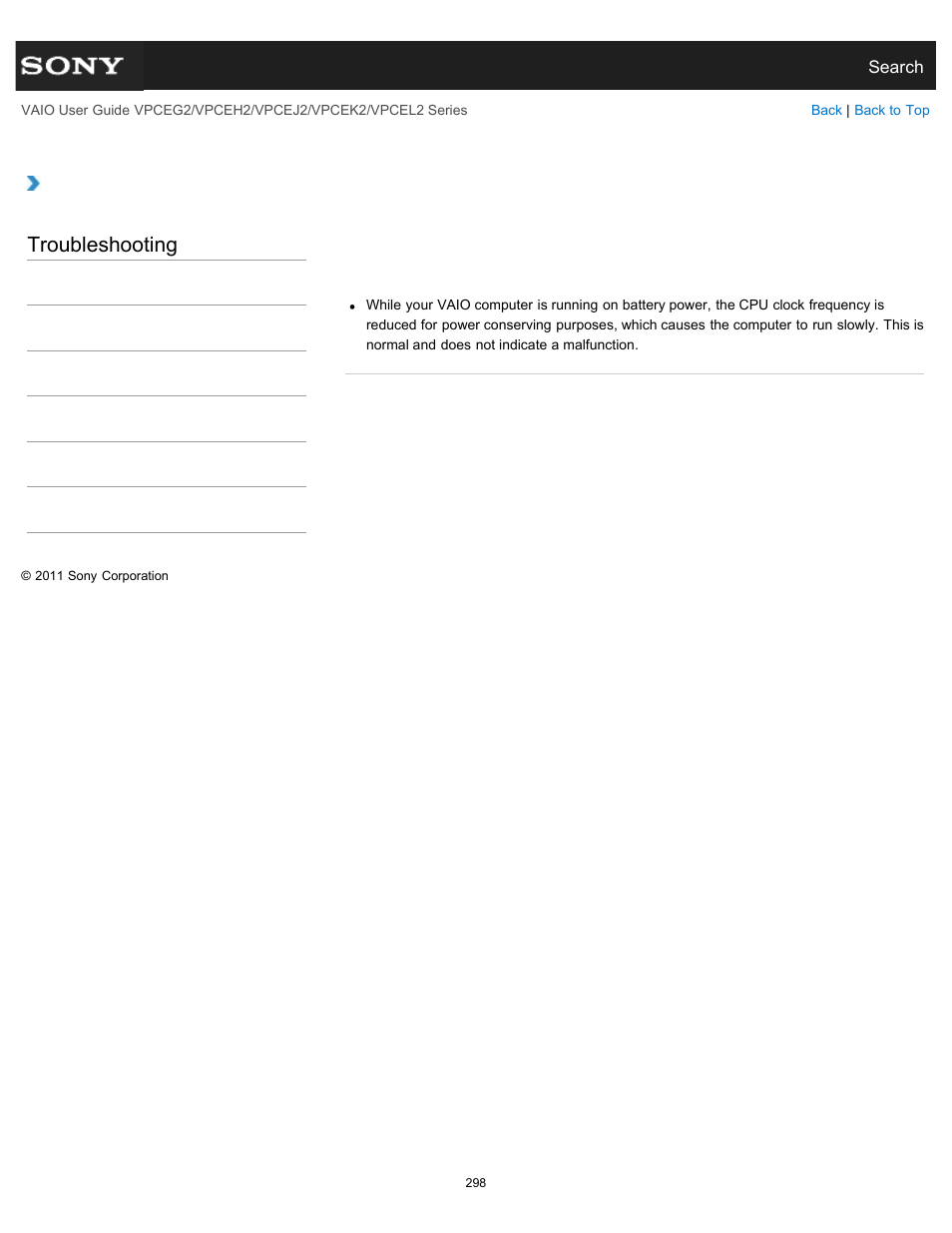 While the computer is running on battery power, Troubleshooting | Sony VPCEL2 Series User Manual | Page 298 / 360