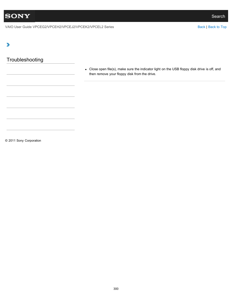 What should i do if i cannot remove my floppy disk, Troubleshooting | Sony VPCEL2 Series User Manual | Page 300 / 360