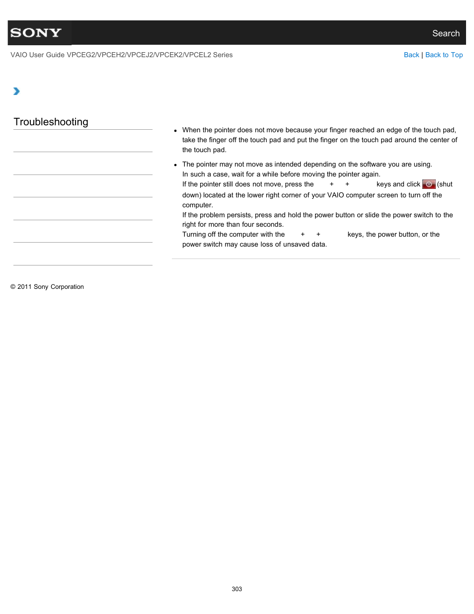 What should i do if the pointer does not move, Troubleshooting | Sony VPCEL2 Series User Manual | Page 303 / 360