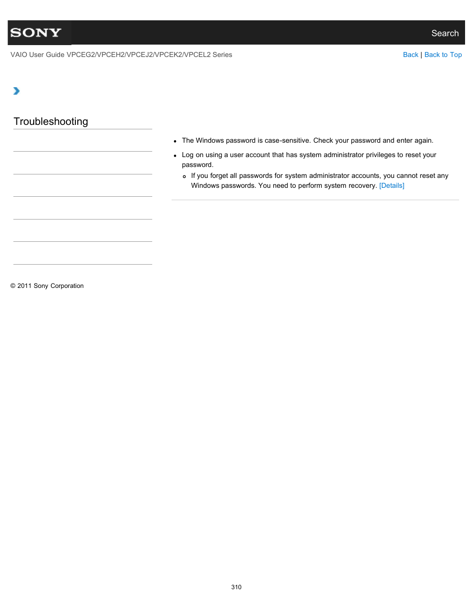 What should i do if i forget the windows password, Troubleshooting | Sony VPCEL2 Series User Manual | Page 310 / 360