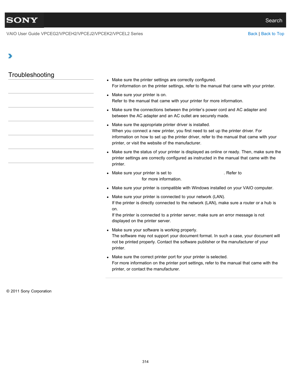 What should i do if i cannot print a document, Troubleshooting | Sony VPCEL2 Series User Manual | Page 314 / 360