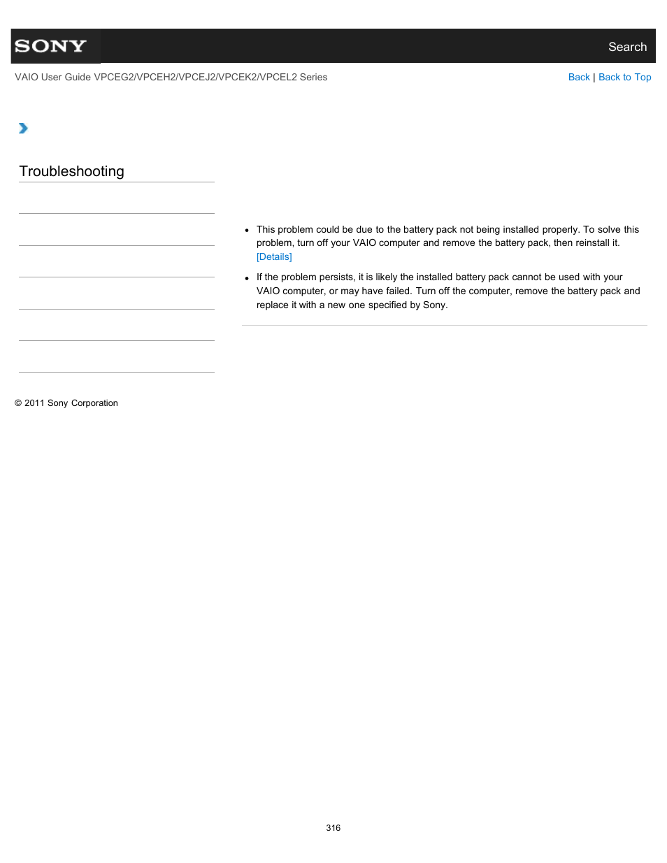 Enters hibernate mode, Troubleshooting | Sony VPCEL2 Series User Manual | Page 316 / 360