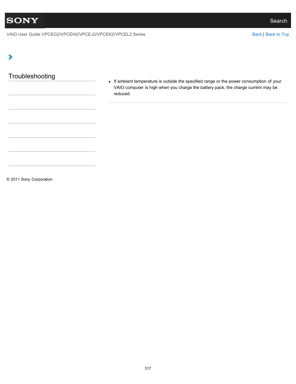 Why can’t i fully charge my battery pack, Troubleshooting | Sony VPCEL2 Series User Manual | Page 317 / 360