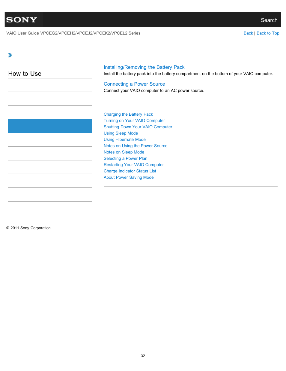 Power, How to use | Sony VPCEL2 Series User Manual | Page 32 / 360