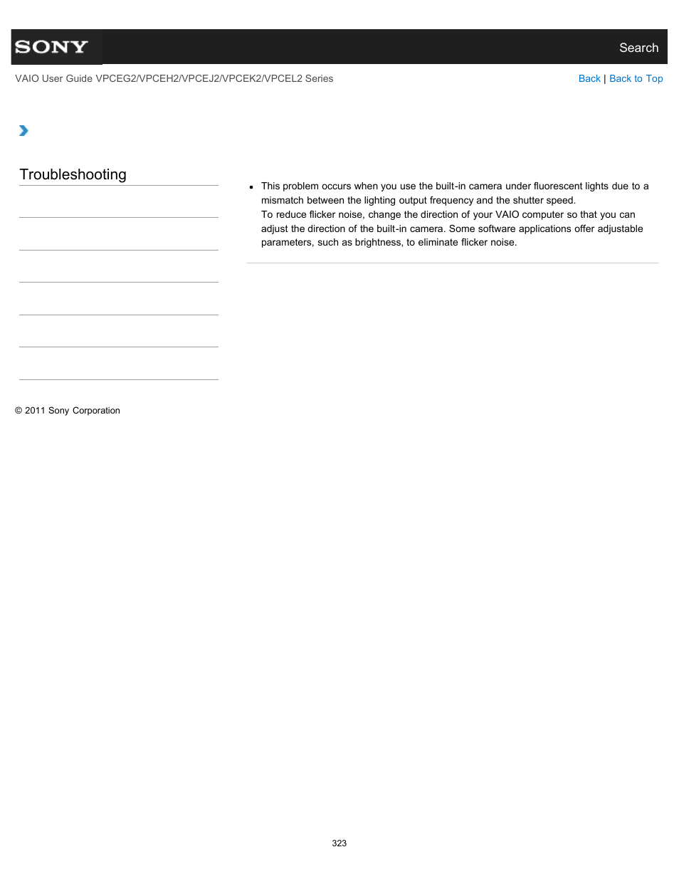 What should i do if captured images flicker, Troubleshooting | Sony VPCEL2 Series User Manual | Page 323 / 360