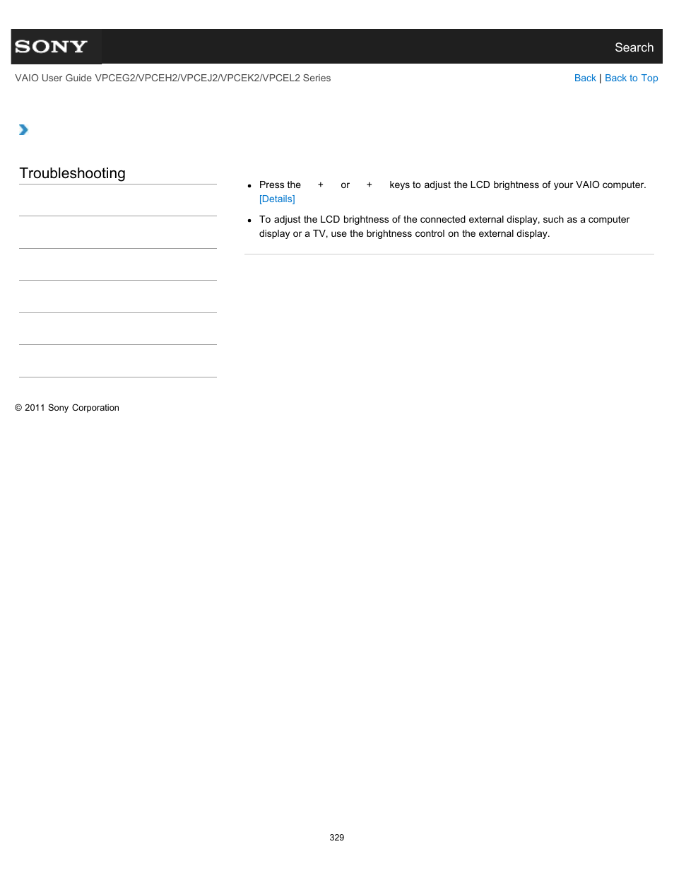 How do i change the lcd brightness, Troubleshooting | Sony VPCEL2 Series User Manual | Page 329 / 360