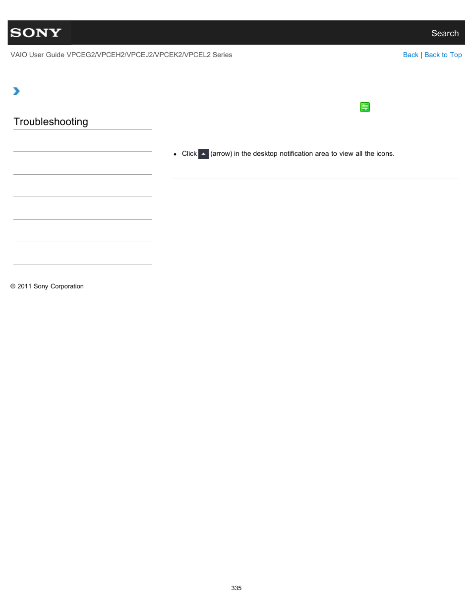 Notification area, Troubleshooting | Sony VPCEL2 Series User Manual | Page 335 / 360