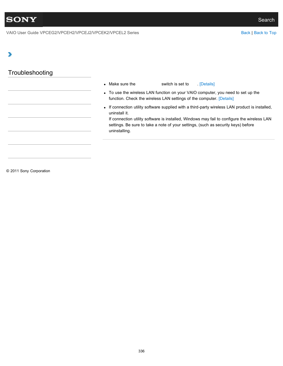 Troubleshooting | Sony VPCEL2 Series User Manual | Page 336 / 360
