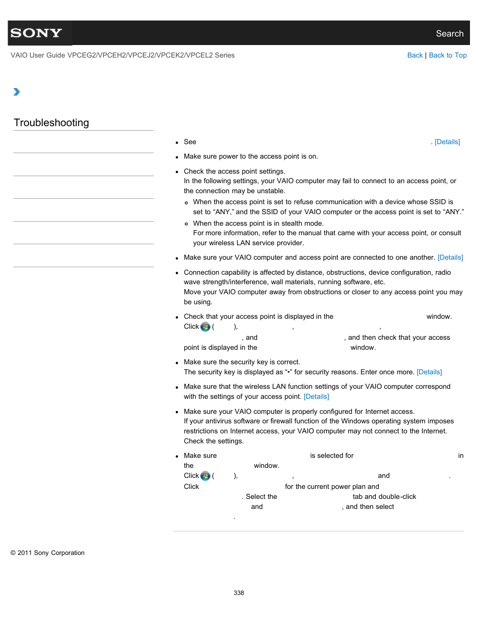 The internet), Troubleshooting | Sony VPCEL2 Series User Manual | Page 338 / 360