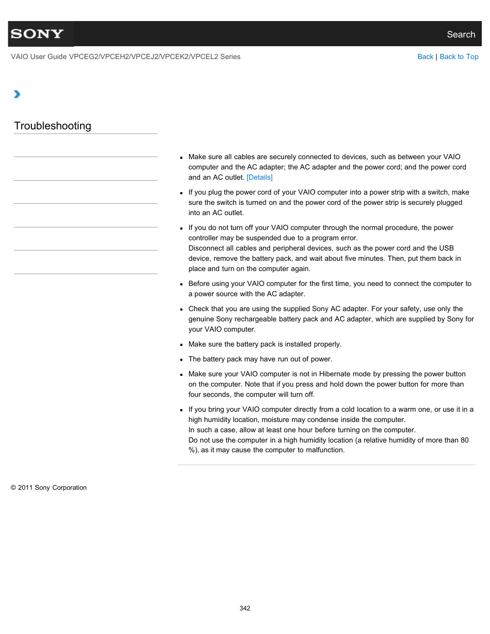 Light does not turn on in green), Troubleshooting | Sony VPCEL2 Series User Manual | Page 342 / 360