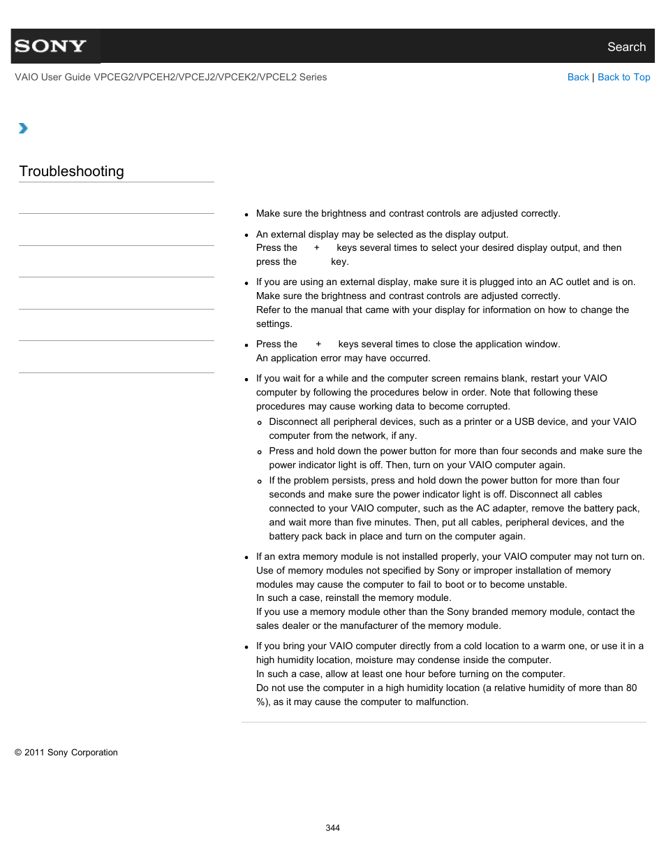 Power button but the screen remains blank, Troubleshooting | Sony VPCEL2 Series User Manual | Page 344 / 360