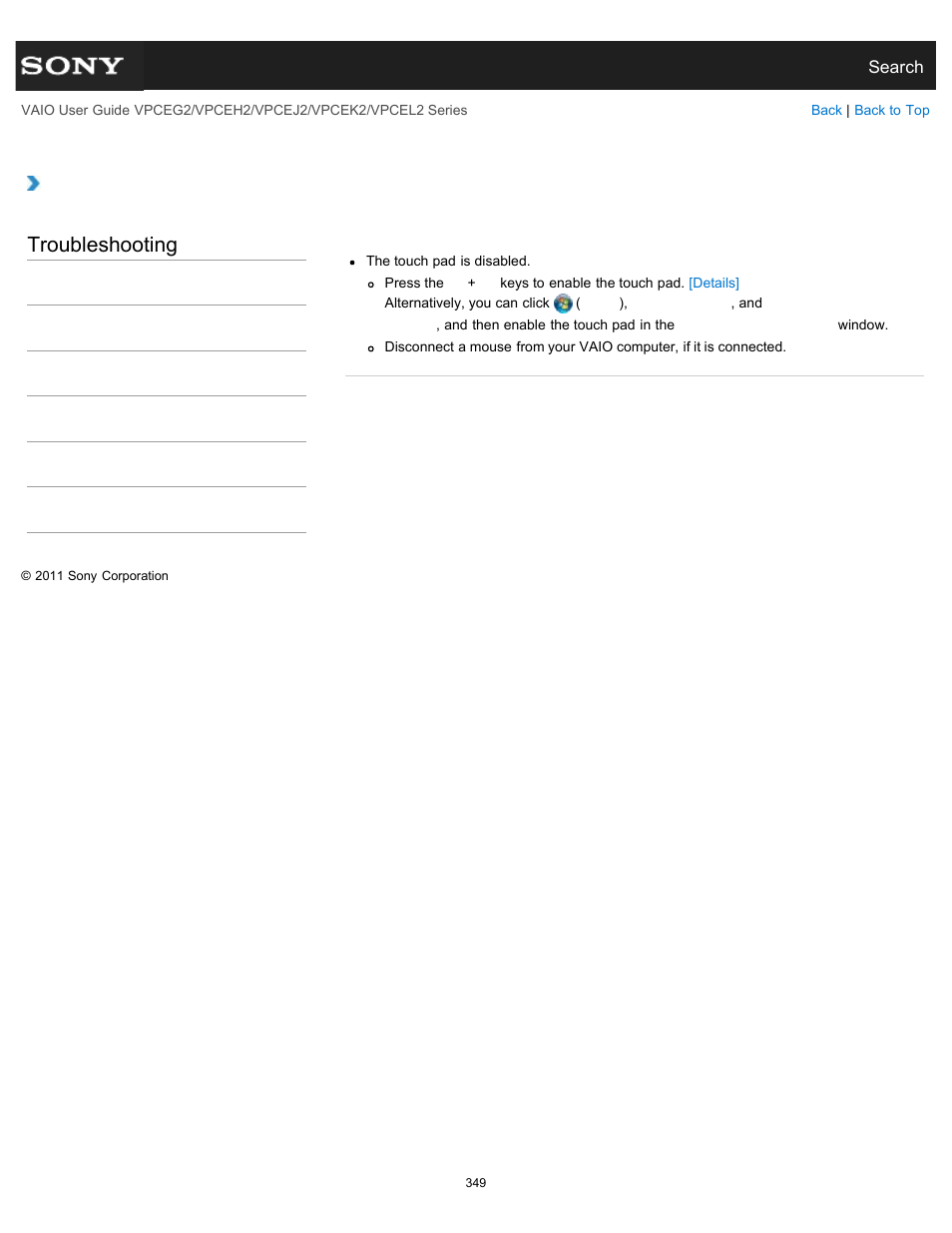 Why can’t i use the touch pad, Troubleshooting | Sony VPCEL2 Series User Manual | Page 349 / 360