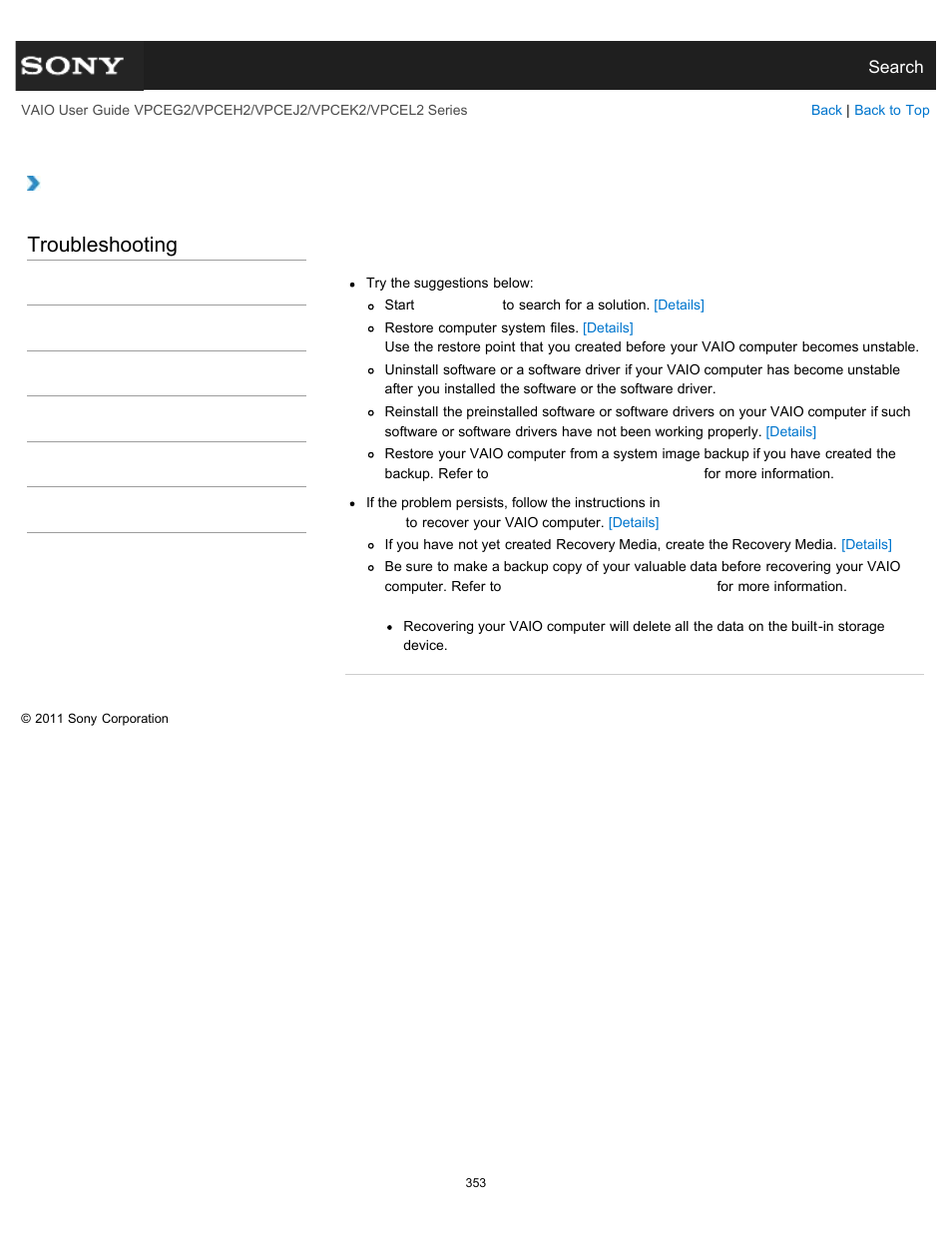 Troubleshooting | Sony VPCEL2 Series User Manual | Page 353 / 360