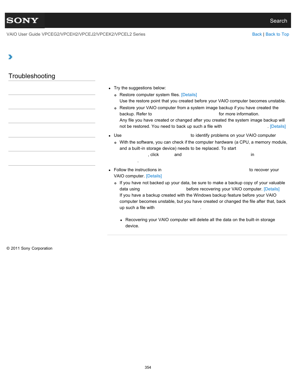 Start), Troubleshooting | Sony VPCEL2 Series User Manual | Page 354 / 360