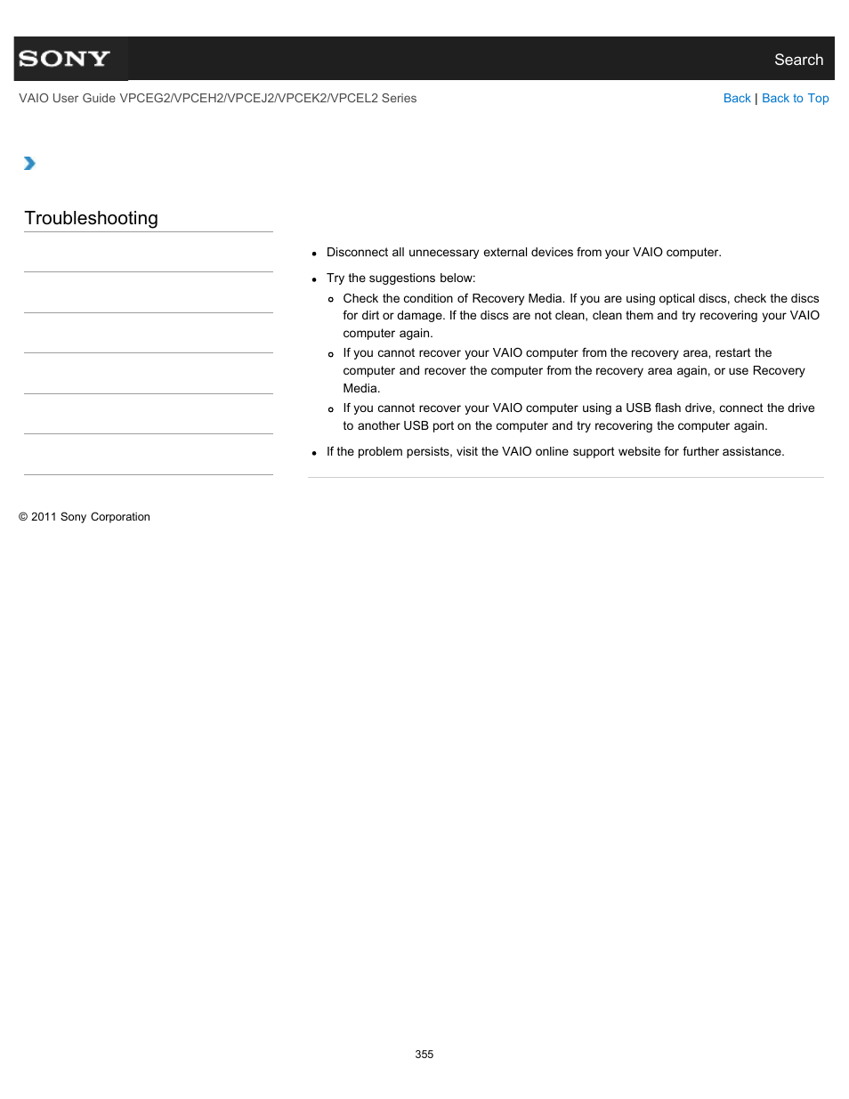 Troubleshooting | Sony VPCEL2 Series User Manual | Page 355 / 360