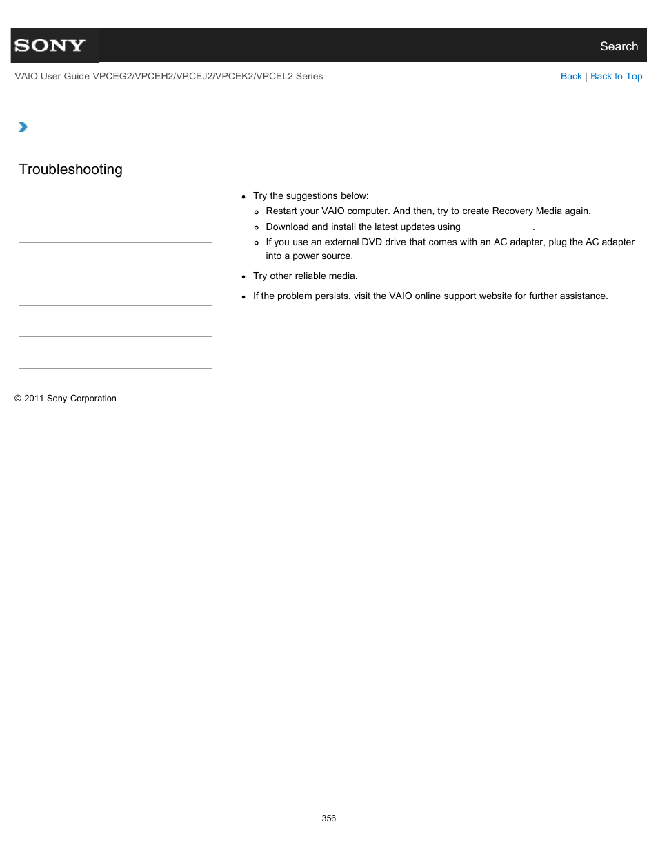What should i do if i cannot create recovery media, Troubleshooting | Sony VPCEL2 Series User Manual | Page 356 / 360